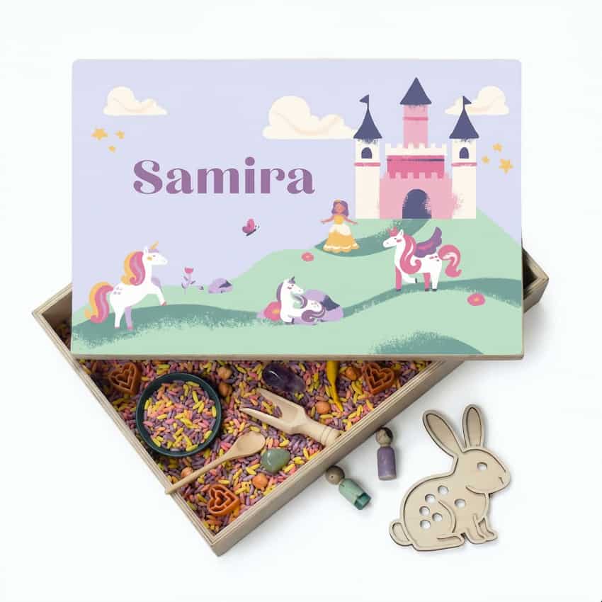 Speelbak met deksel – Prinses & Unicorn (Samira) - (personaliseren met eigen naam)