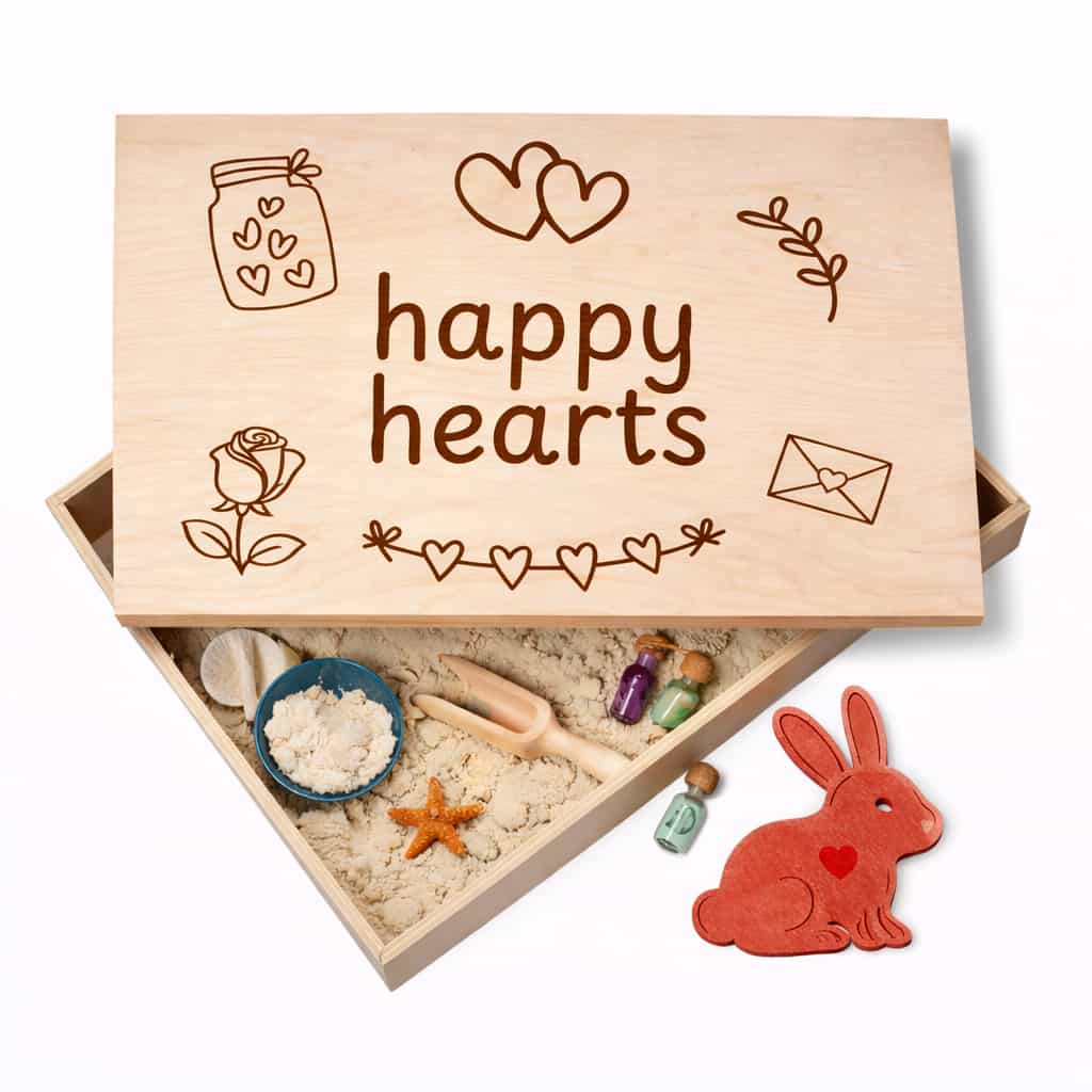 Speelbak met deksel – Happy Hearts (Gravure) – (personaliseren met eigen naam)
