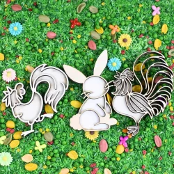 Speelfiguren Konijntje & Haantjes – Houten Lente Set (3 stuks)