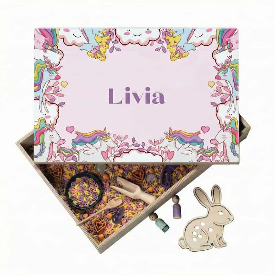 Speelbak met deksel – Unicorn (Livia) - (personaliseren met eigen naam)