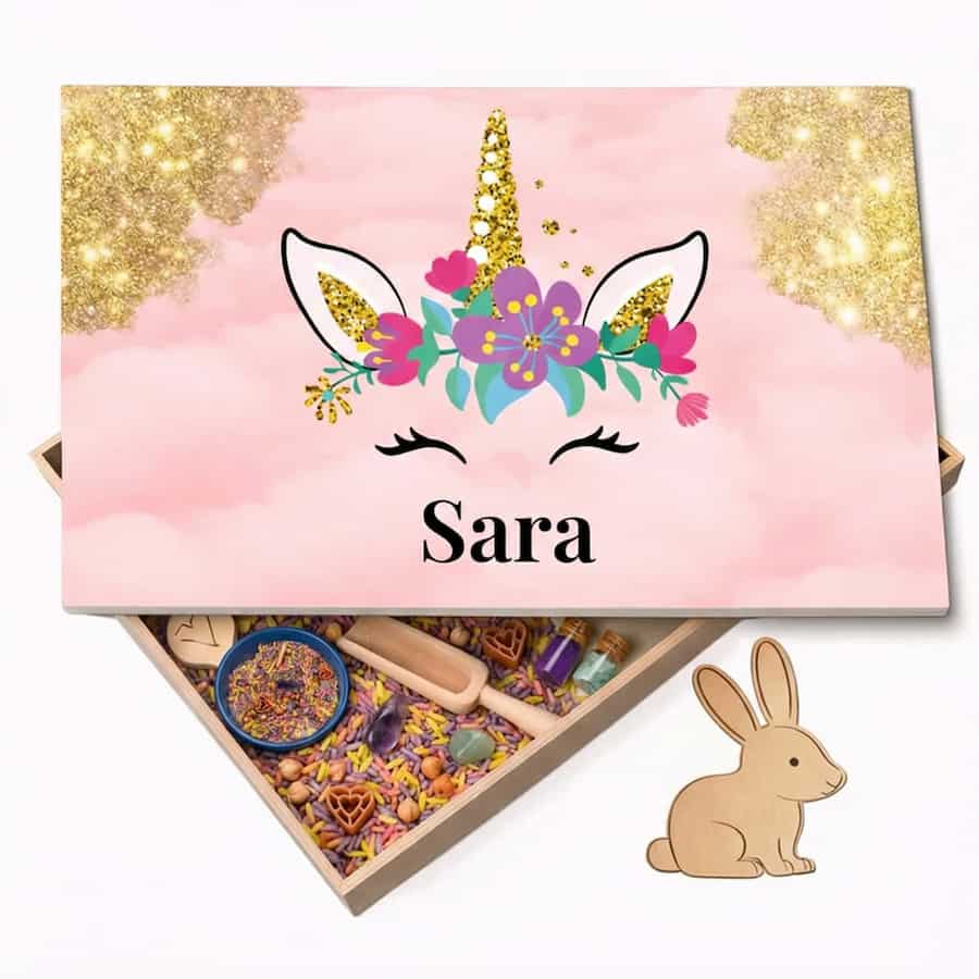 Speelbak met deksel – Prinses & Unicorn (Sara) - (personaliseren met eigen naam)
