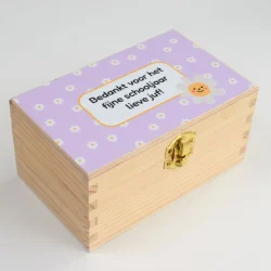 Theedoosje juf of meester – gepersonaliseerd cadeau einde schooljaar (2 vakjes) (Ontwerp Loa)