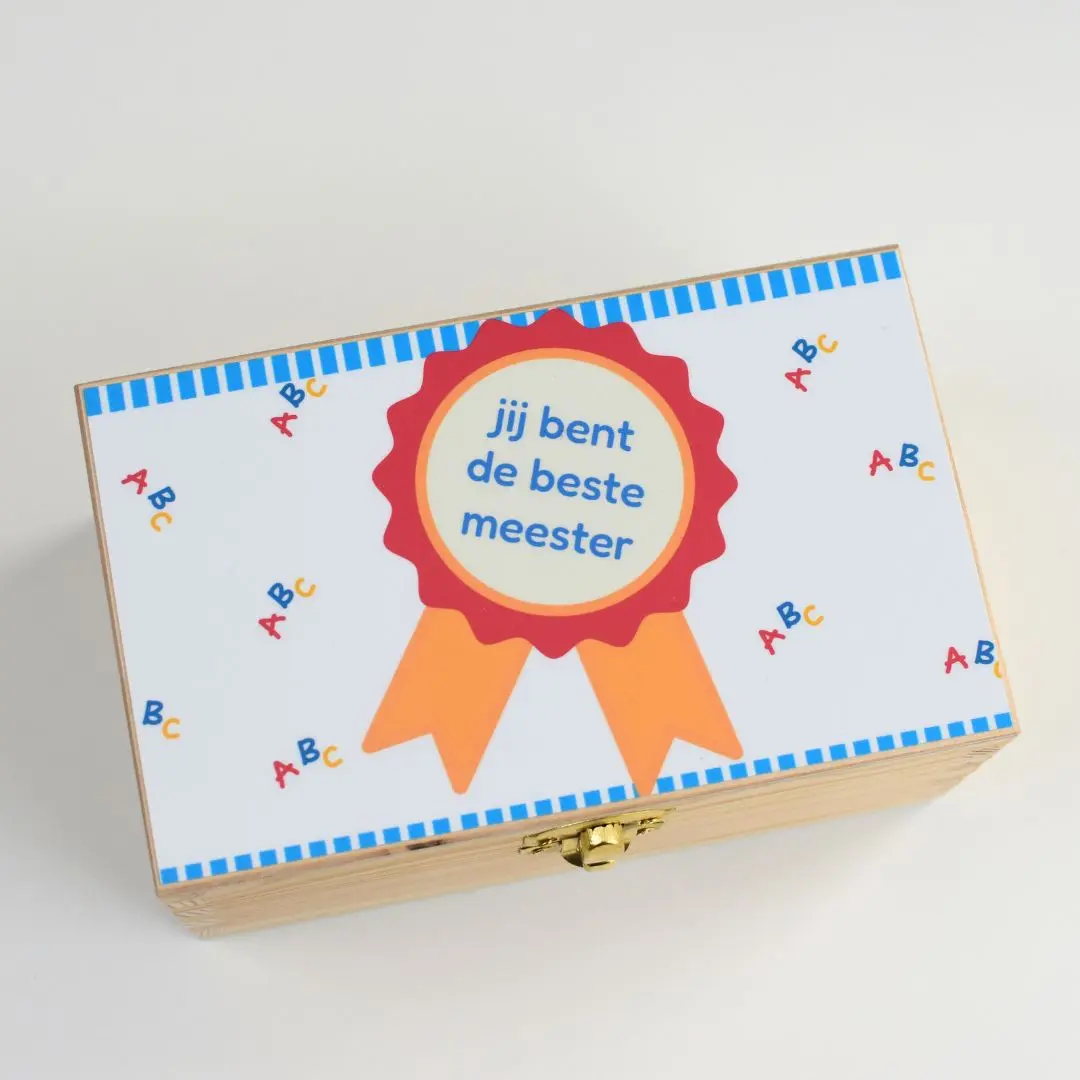 Theedoosje juf of meester – gepersonaliseerd cadeau einde schooljaar (2 vakjes) (Ontwerp Jaxx)