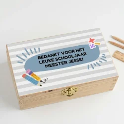 Meester bedankje met naam – houten theedoos cadeau schooljaar