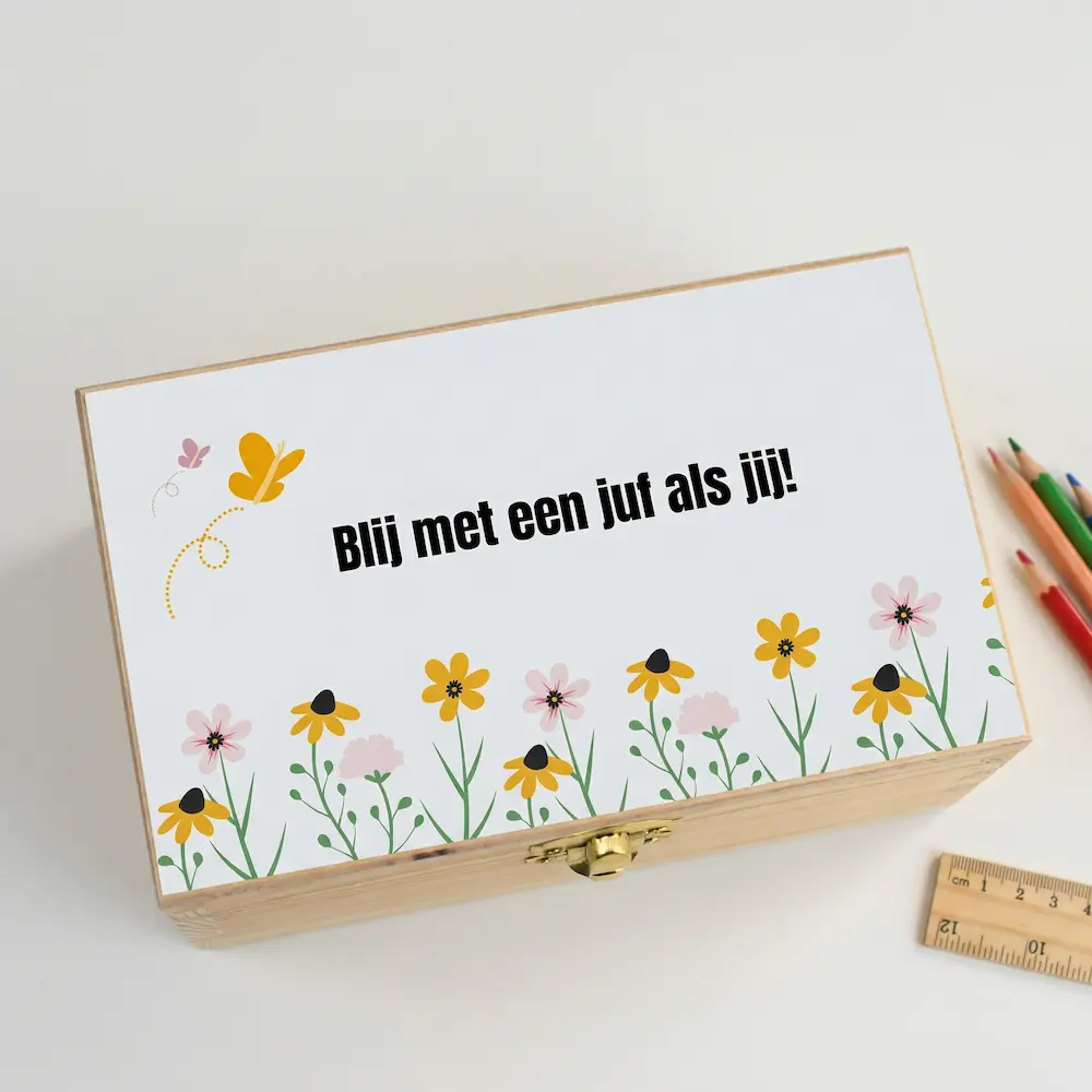 Houten theedoosje met tekst Blij met een juf als jij