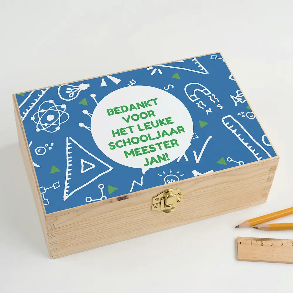Meester cadeau schooljaar – houten theedoos bedankt meester
