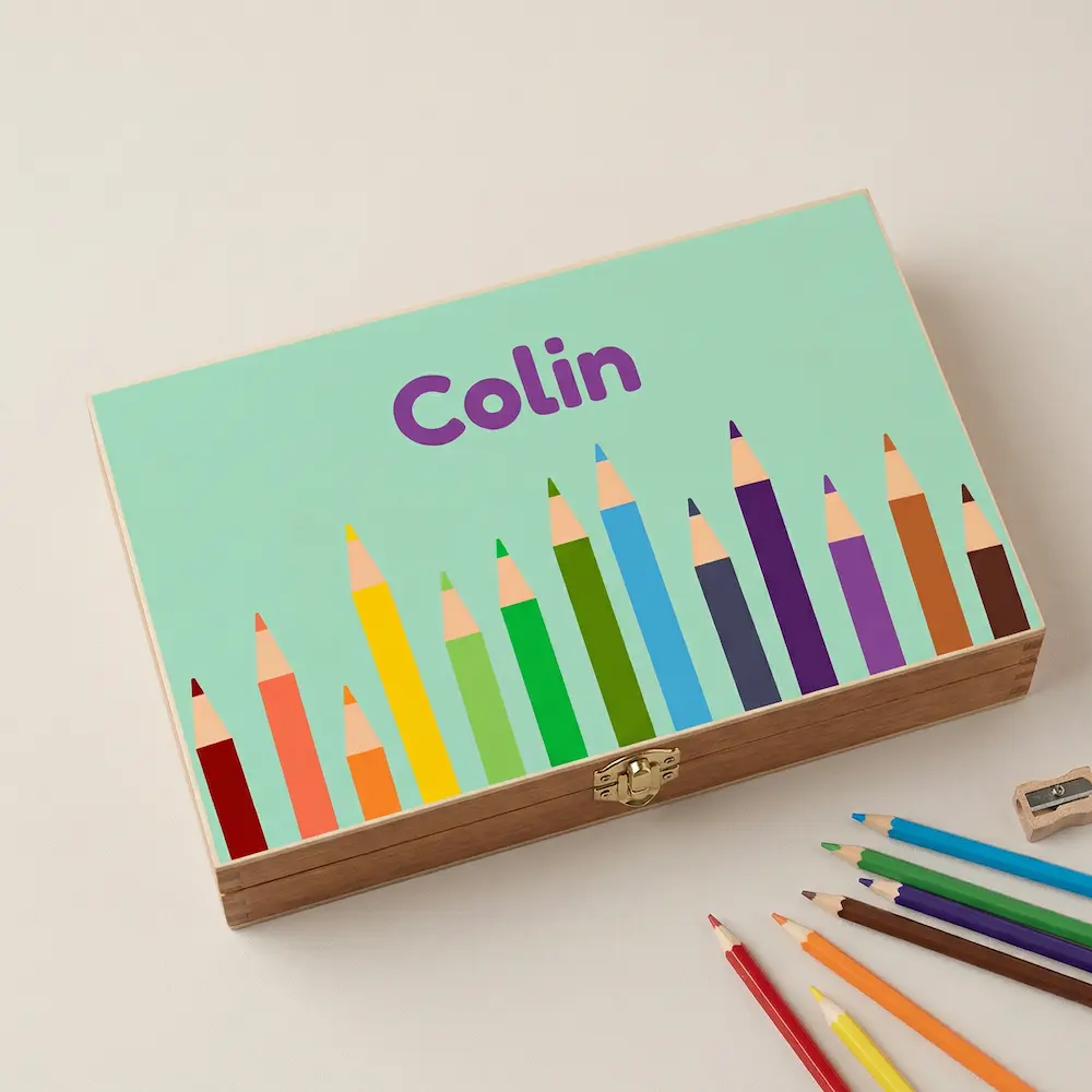 Houten Tekendoos met Naam – Kleurrijk Potloden Design