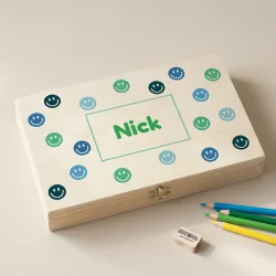 Houten Tekendoos met Naam – Smiley Design Groen/Blauw