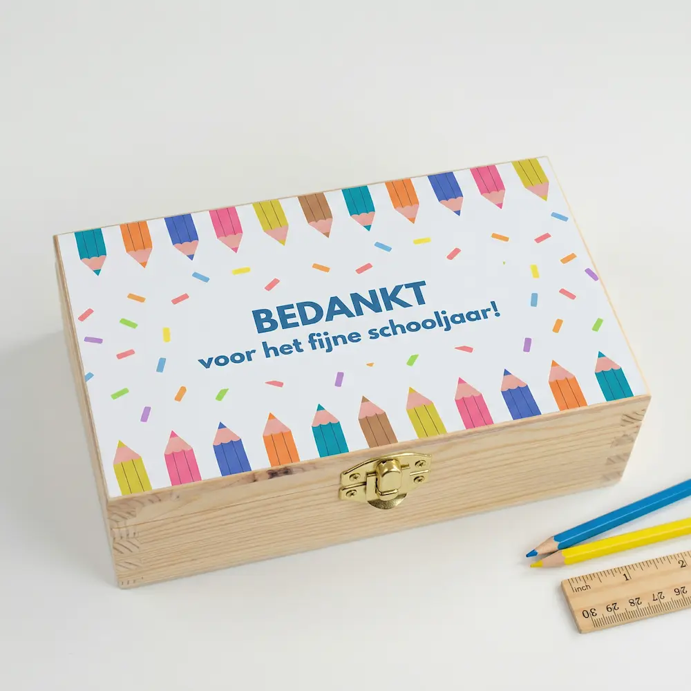 Juf of meester bedankje – houten theedoos bedankt voor het fijne schooljaar