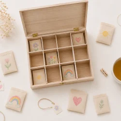 Theekist voor juf of meester – persoonlijk cadeau met kleur-download